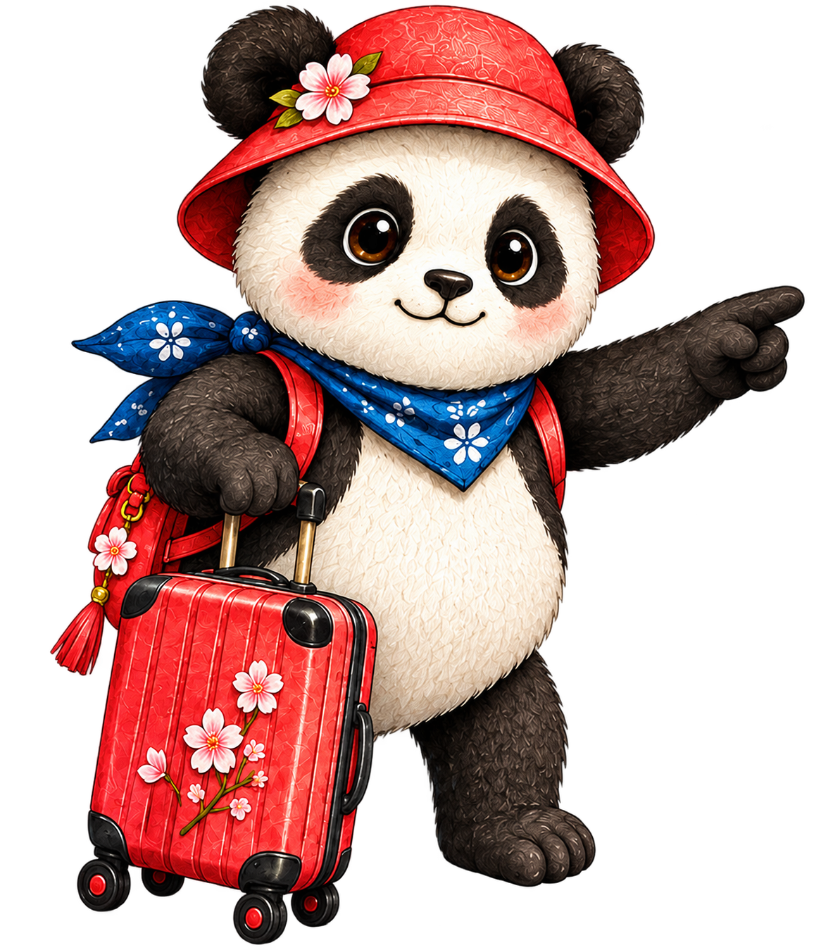Panda podróżniczka z czerwoną walizką