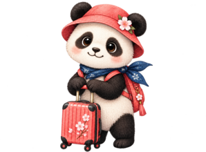 Panda podróżniczka w czerwonym kapeluszu z walizką
